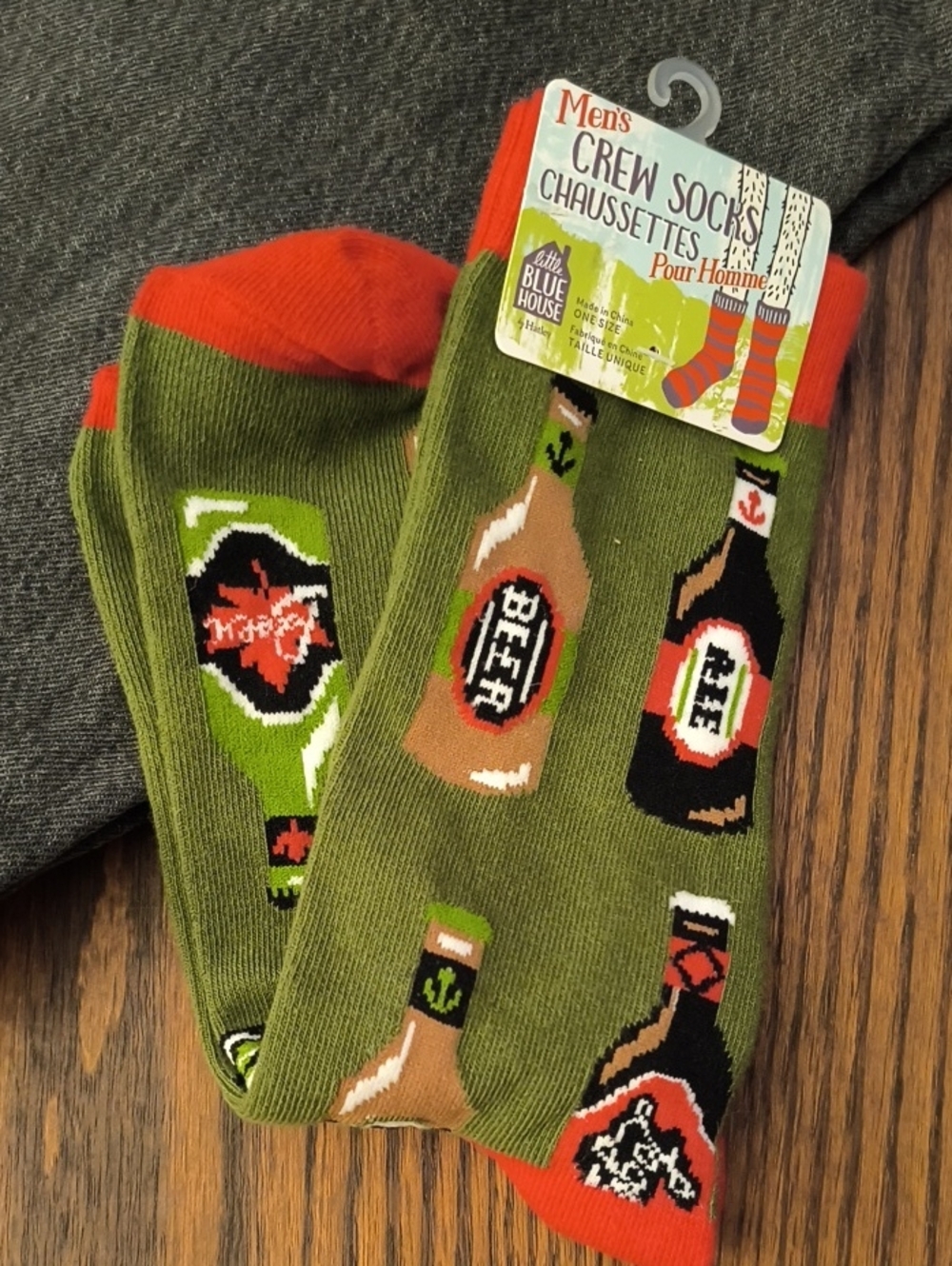 Men's Olive Green Beer Bottle Crew Socks with Orange Accents